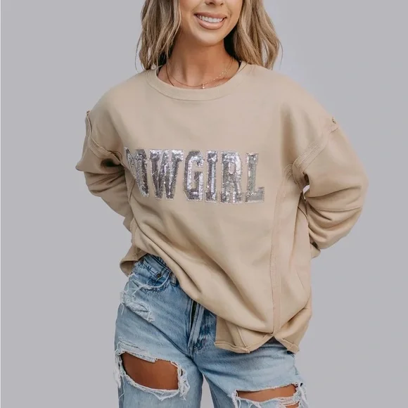 Cowgirl Sequin Sweatshirt Small Tan Western Crewneck Rodeo Minimalist Country - Picture 1 of 12
